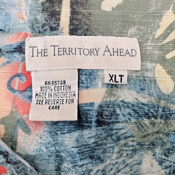 Hawaiian Shirt XLT Blue Green Cream Aloha Territory Ahead Tropical Palms Floral - Picture 2 of 5